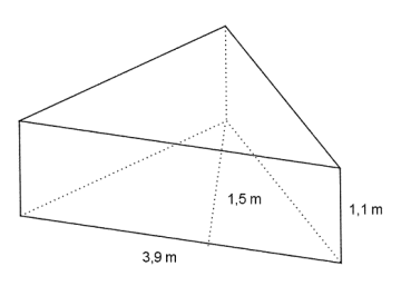 Rett, trekantet prisme med høyde 1,1 m. Trekanten har grunnlinje 3,9 m og høyde 1,5 m.